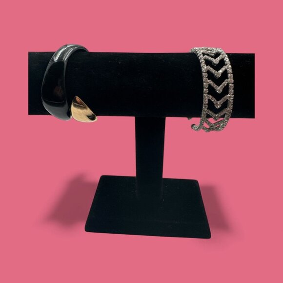 Gold & Black Hinged Metal Cuff Bracelet + Silver Rhinestone Chevron Open Cuff Br - Picture 1 of 5